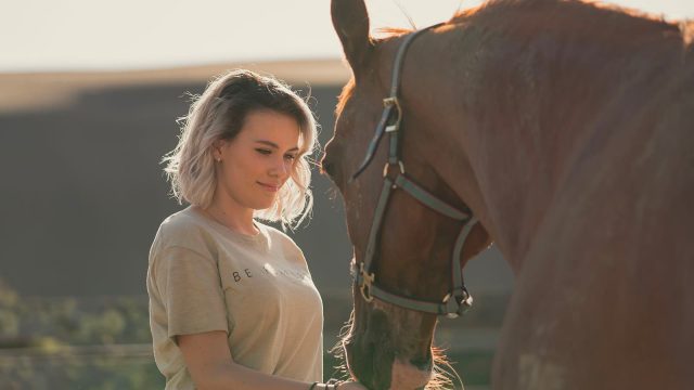 A girl feeding a horse