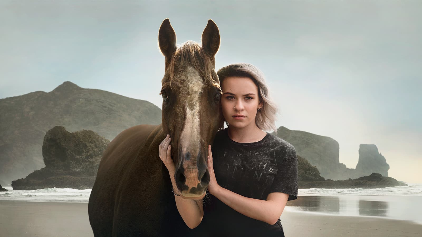 Mystic Poster lady with a horse on a beach